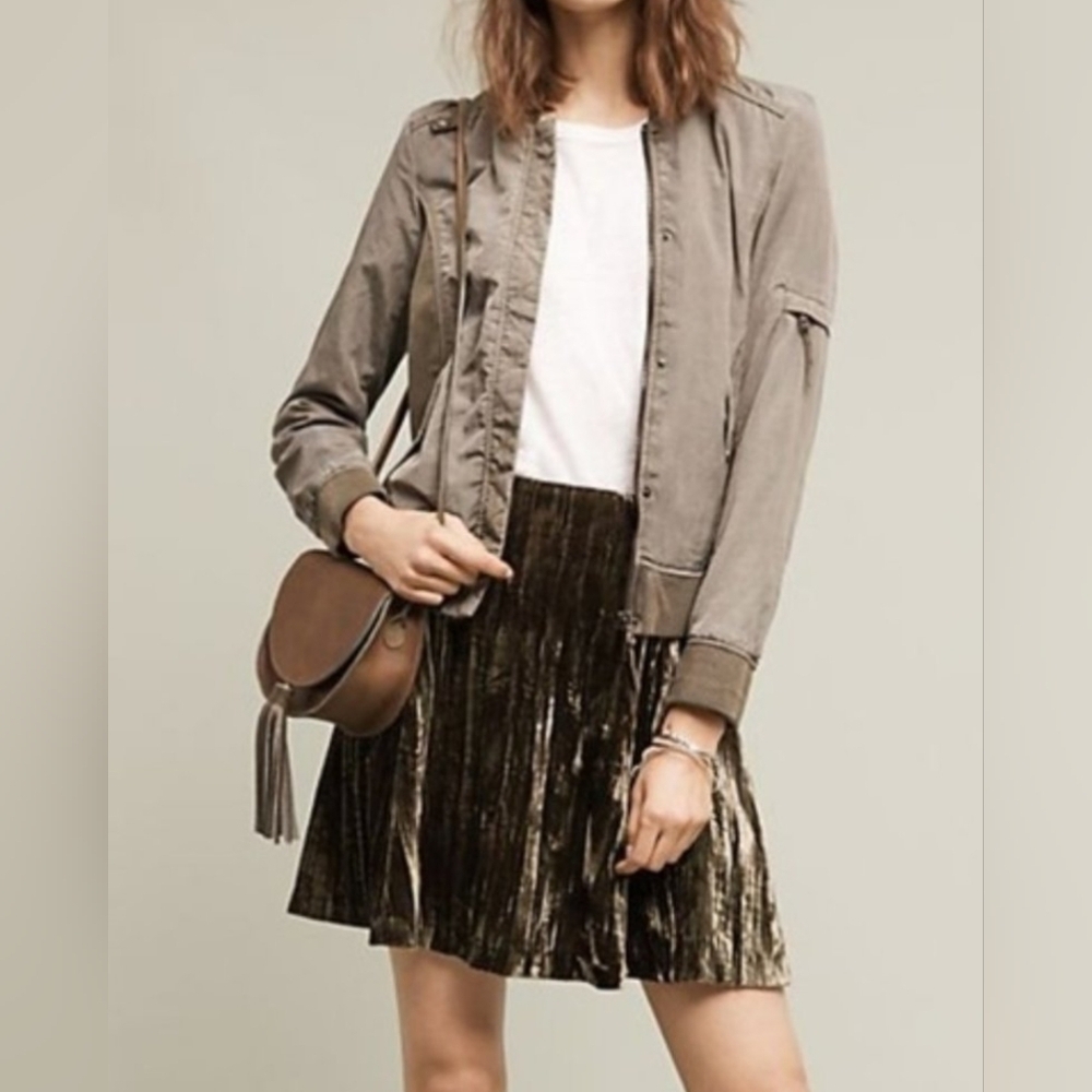 Maeve for Anthropologie Olive Green Velvet Pleated A-Line Mini Skirt Size 2